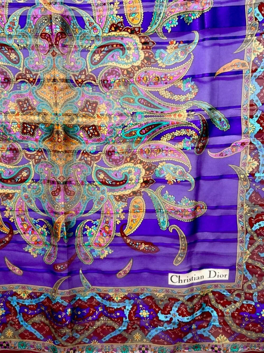 Christian Dior Soft 00% Silk Scarf Chiffon & Satin PurplePaisley Floral 31